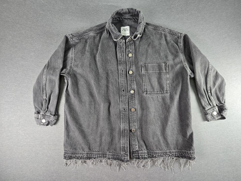 Zara Jacket Mens Medium Gray Denim Military Fringe Hem Button Up 4130/049/800